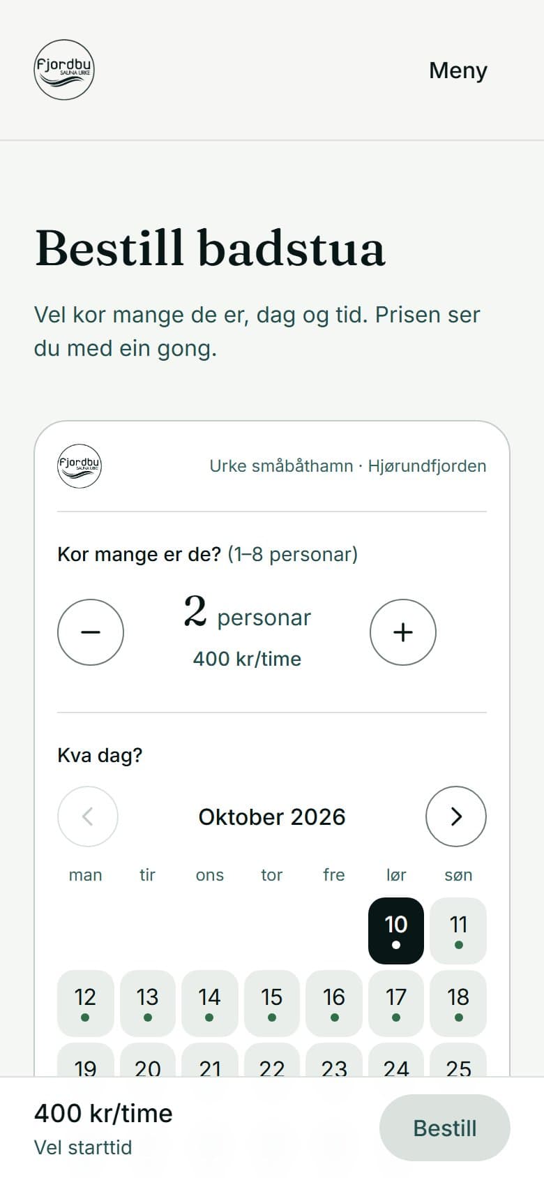 Bookingsida på mobil: vel kor mange de er, dag og tid, og sjå prisen med ein gong.